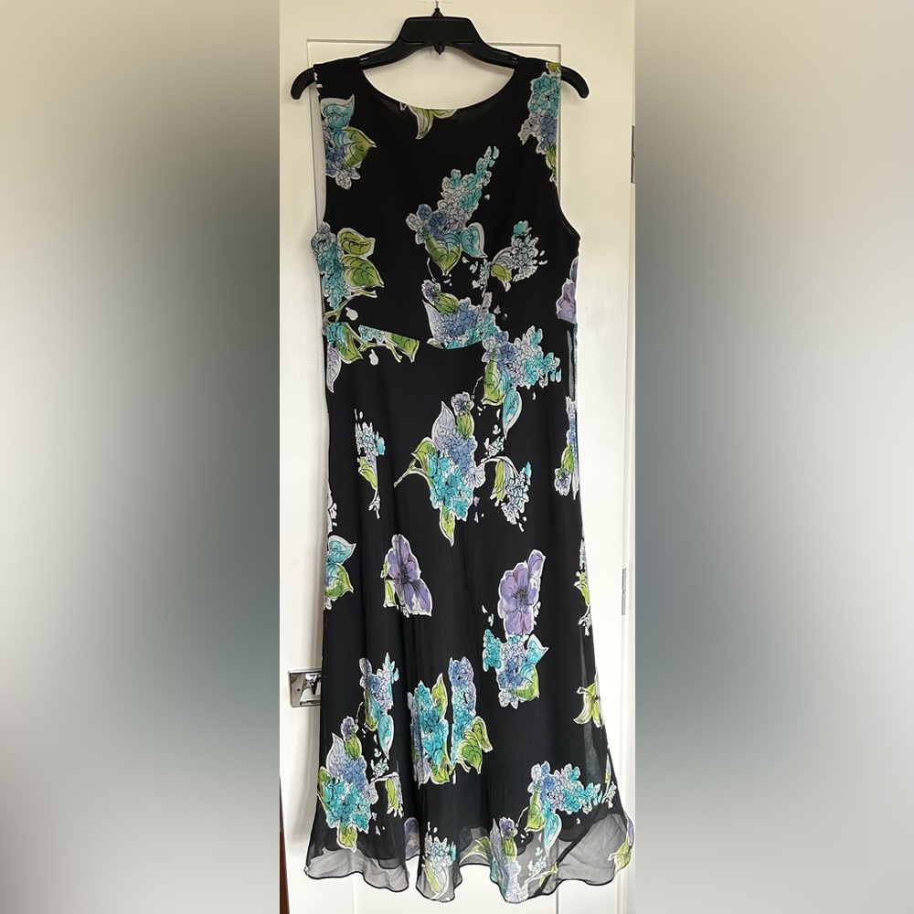 Talbots Black Midi Dress with Blue and Purple Floral Pattern
